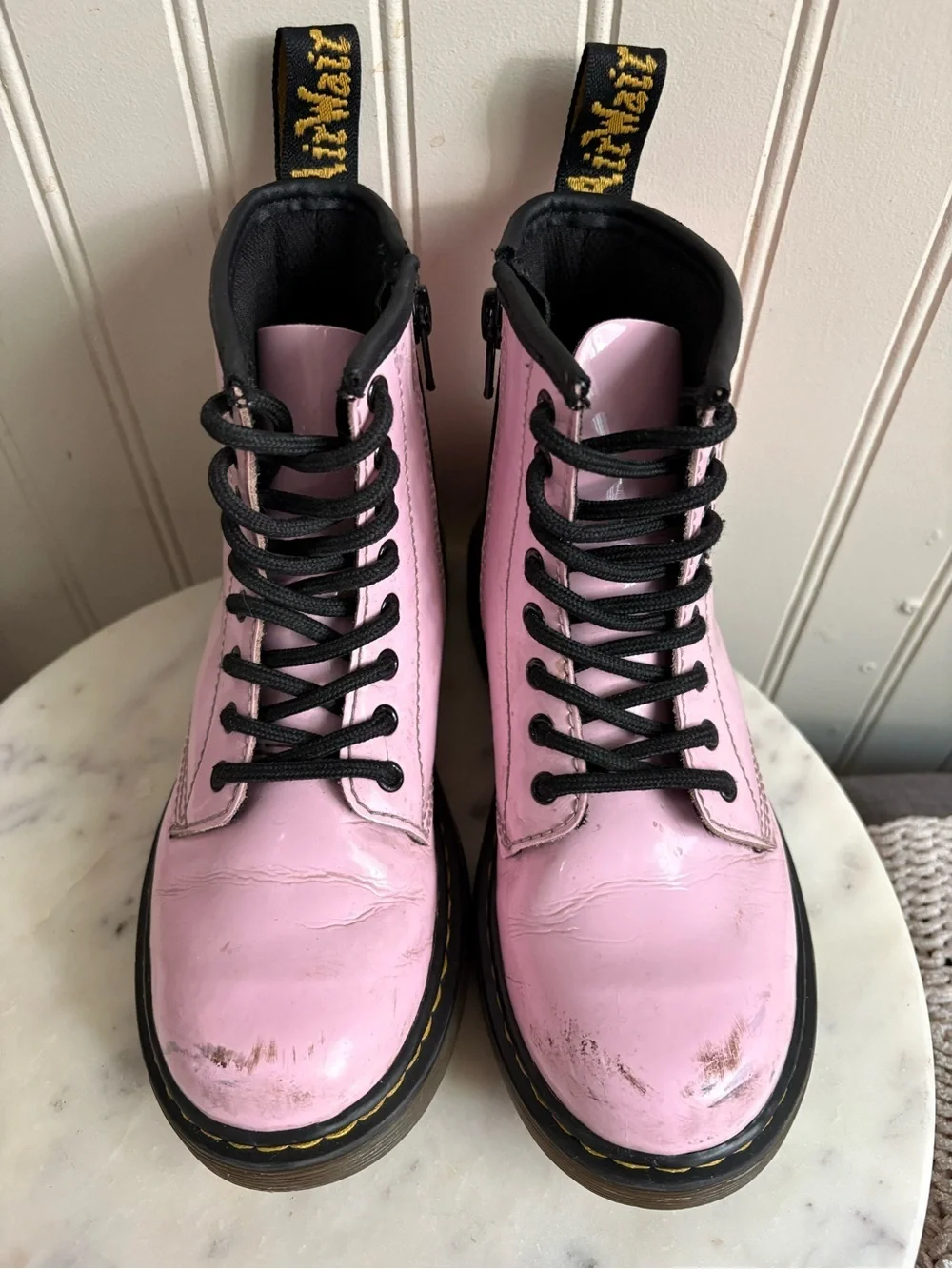 Dr Martens Patent Leather Combat Boots Youth Girls 1 Pink & Black Moto Cool Boho